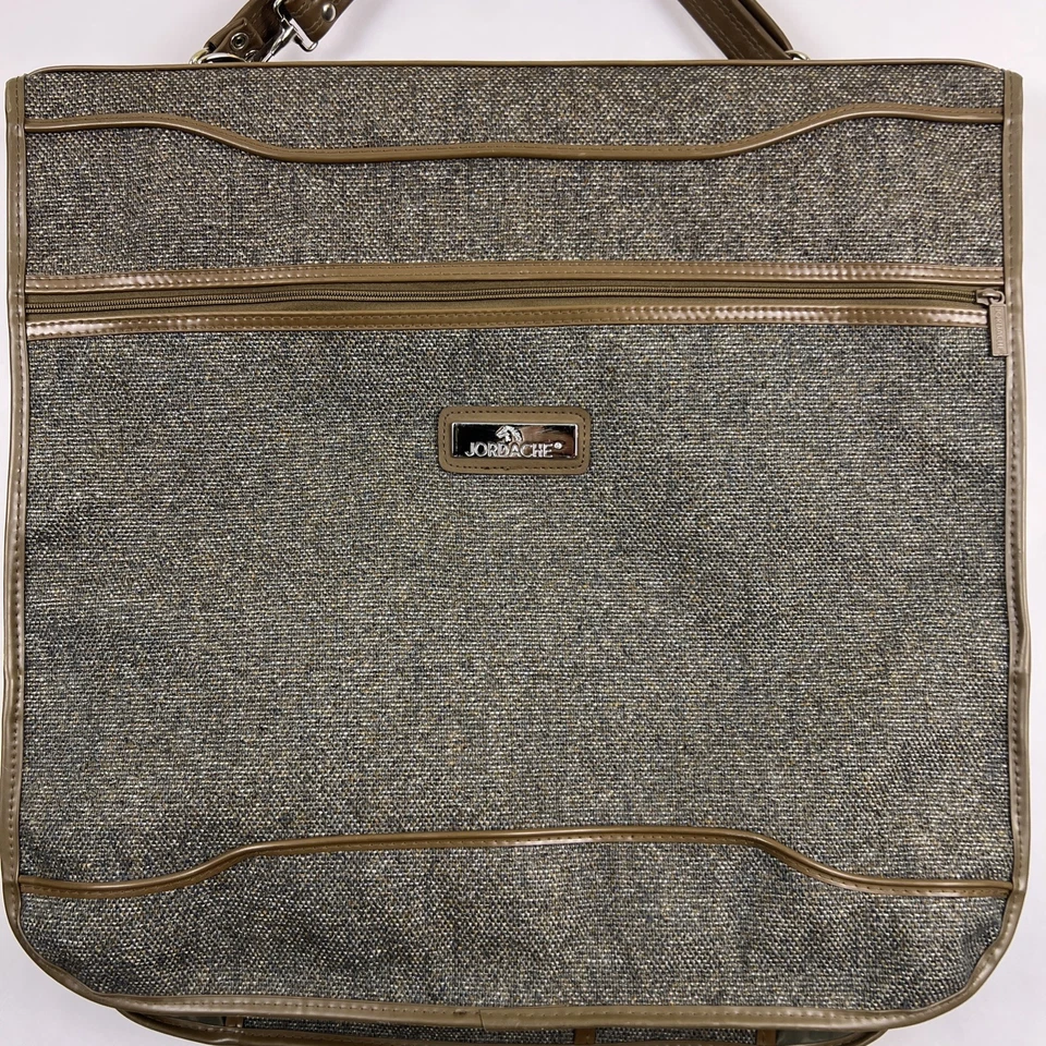 VINTAGE Jordache Tweed Garment Bag Suit Luggage Travel Brown Leather Trim RETRO - Image 2 of 4