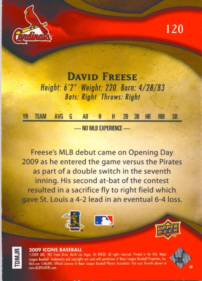Upper Deck Icons 2009 David Freese Cardinals #120 radiocontrol novato plata Sp #/999 Foto 2 de 2