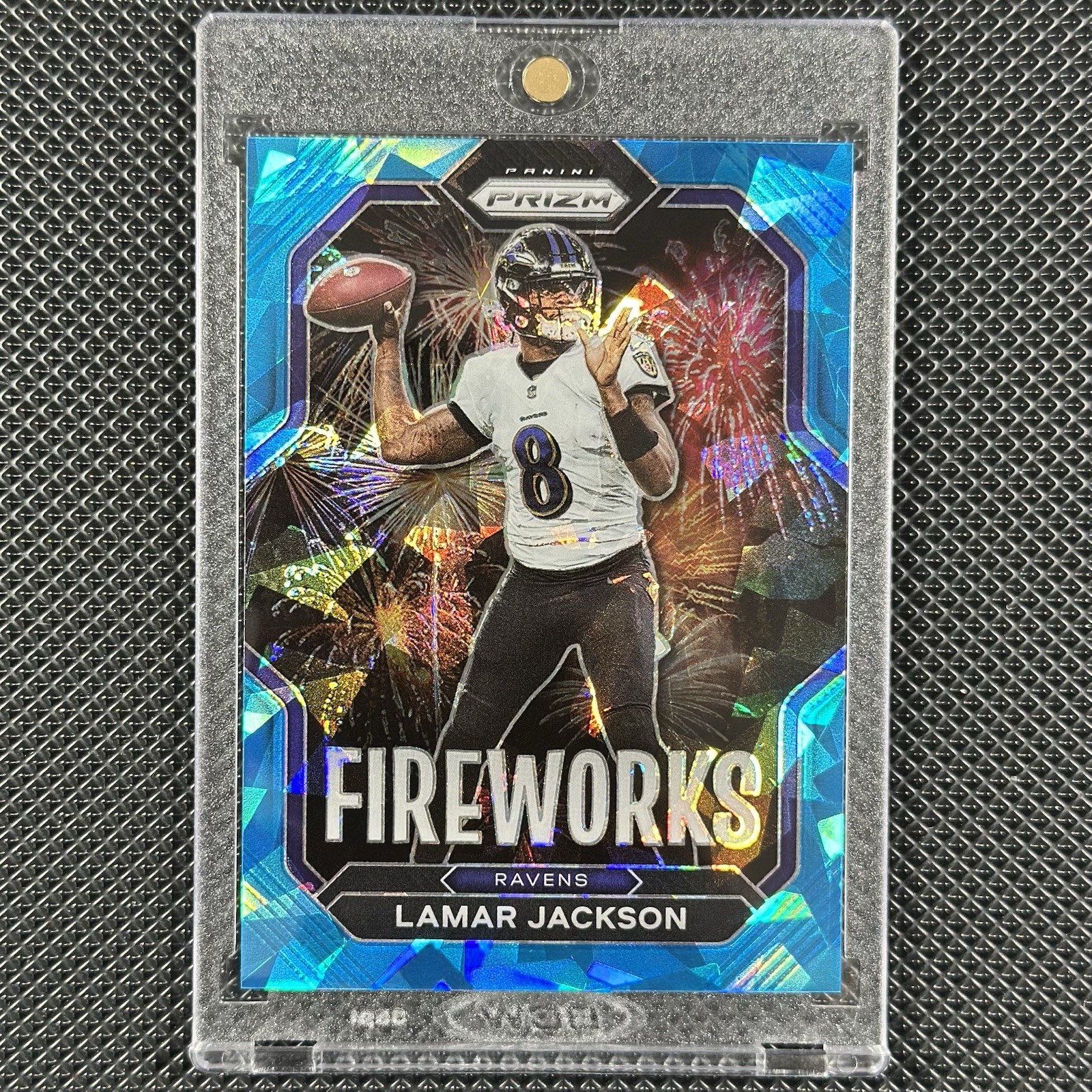 Lamar Jackson 2022 Panini Prizm Fireworks #F-7 Blue Ice Prizm /99 Ravens MVP