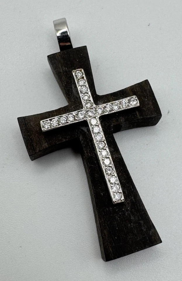 Beautiful 18k White Gold & Wood Diamond Cross Pendant 1 3/8” - Image 2 of 4