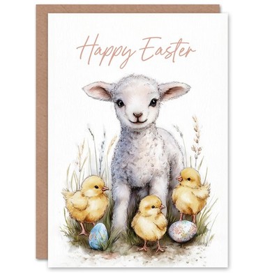 Happy Easter Greeting Card   Lamb, Chicks, and Eggs, Blank Inside