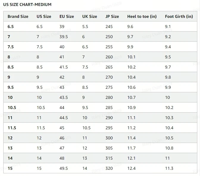 Men's dress sneaker size chart
