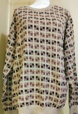 Vintage Claiborne Men L Crew Pullover Sweater Woven Check Tan Red Black