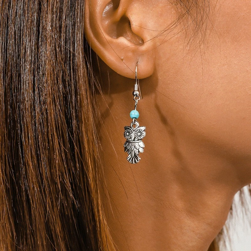 Women Bohemian Retro Earrings Ancient Silver Carved Cast Owl Birds Tassel 0561 - Image 4 of 4