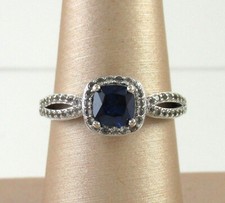 .925 Sterling Silver Sapphire Halo Ring Cushion Cut Split Shank size 7