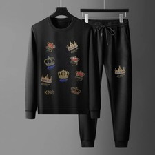 New Men Luxury Crown Rhinestones Black Hoodie Pants Fashion Tracksuit
