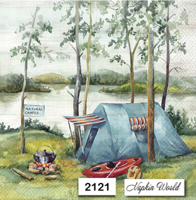 (2121) TWO Individual Paper LUNCHEON Decoupage Napkins - CAMPING TENT LAKE CAMP