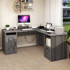 60" L Shaped Gaming Desk File Drawer Corner PC Laptop Computer w/Power Outlets