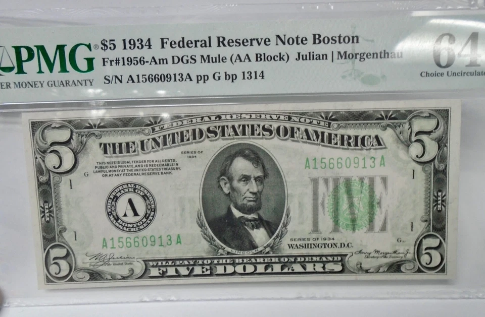 $5 1934 fr 1956-Am DGS Mule AA Block Boston PMG 64 LIGHT GREEN SEAL Rare Note - Image 3 of 4