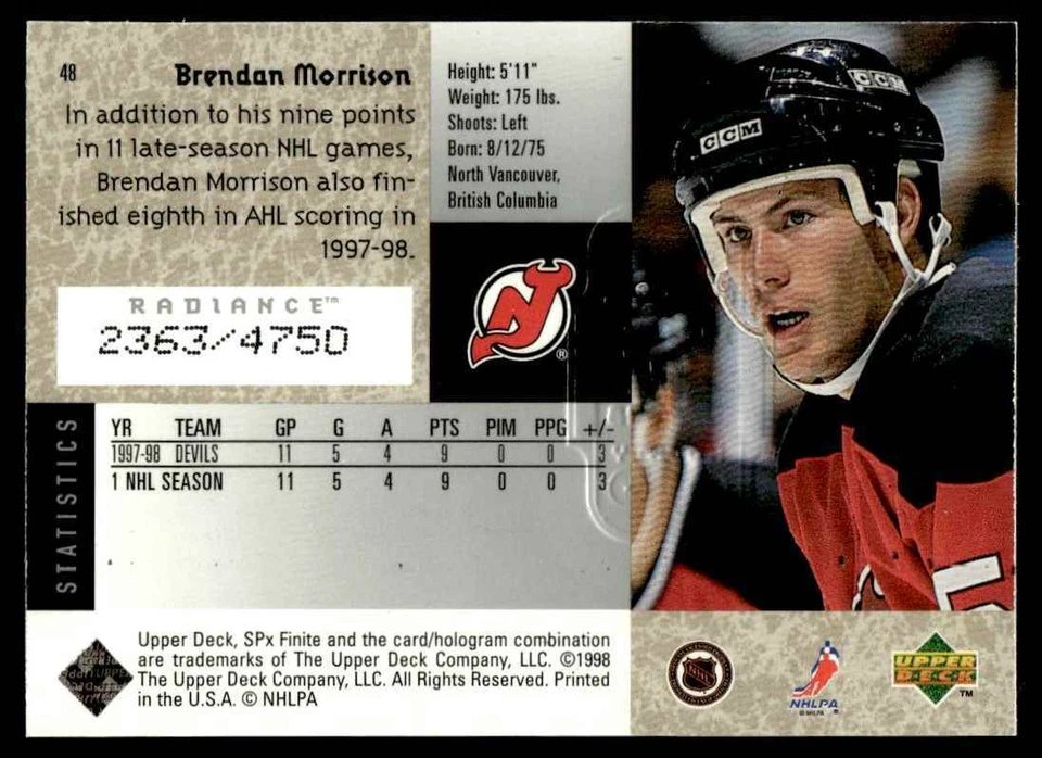 1998-99 SPx Finite Radiance Brendan Morrison /4750 New Jersey Devils #48 - Image 2 of 2