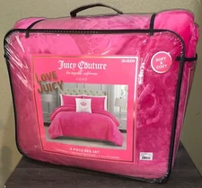 Juicy Couture Hot Pink Logos& Crowns Embossed Plush Soft 4pc QUEEN Comforter Set