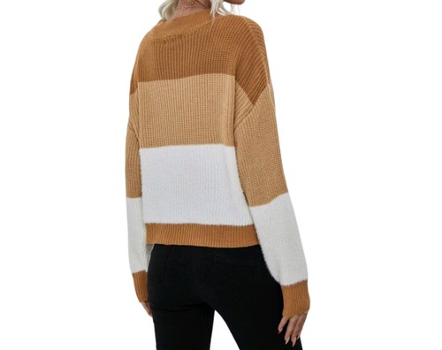 Womens Sweater Round Neck Long Sleeve Color Block Sweaters Womens Tops - Picture 5 of 17