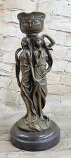 Art Deco two Twin Sisters Maiden Candelabra Bronze Sculpture Marble Base Artwork