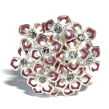 Floral Silver Tone Stretch Ring with Pink Clear Rhinestone Accents