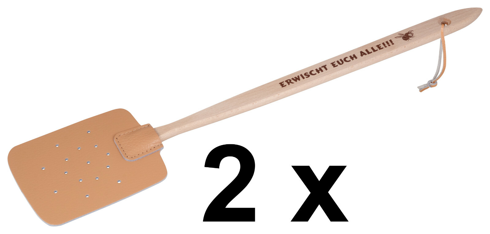 2 x Fliegenklatsche mit Lederteil + Spruch " Erwischt euch alle " Länge 47,5 cm
