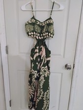 SHEIN Women's Cream and Green Floral Maxi Dress With Cut Out Sides Size Small