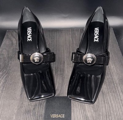 Versace Black Patent Leather Medusa Bow MaryJane Chunky Heel Shoes  38.5