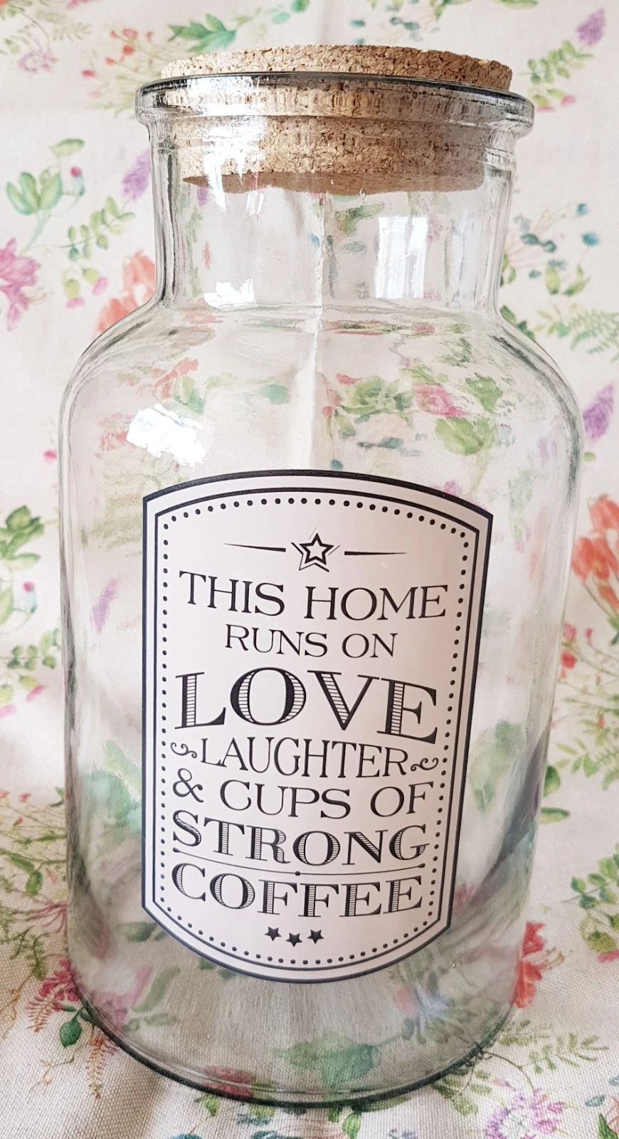 Large Glass Storage Jar ~ Cork Lid ~ Kitchen ~ Love, Laughter, Coffee ~ 15.5cm