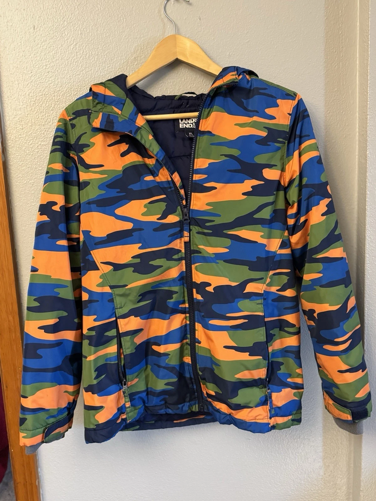 Lands' End Kids XL Camouflage Windbreaker Jacket Hooded Zip Polyester