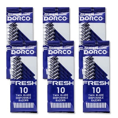 Dorco Fresh Twin Blade Disposable Razors for Men 10 Count (Pack of 6), Blue 