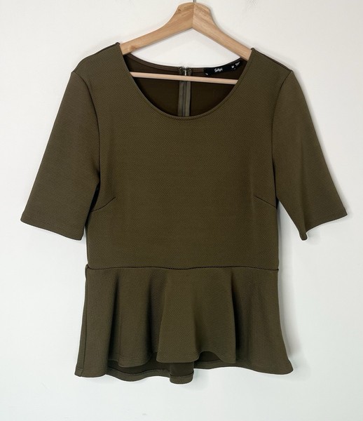 Sportsgirl Womens Size M Top Brown Peplum Stretch Short Sleeve Blouse