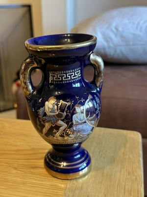 Vintage Blau & Gold Vase Urne Hand Made In Greece verzierte Kunst in 24K Gold 15cm