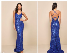 Lulus Women XS Sparkle Til Dawn Royal Blue Sequin Lace-Up Mermaid Maxi Dress