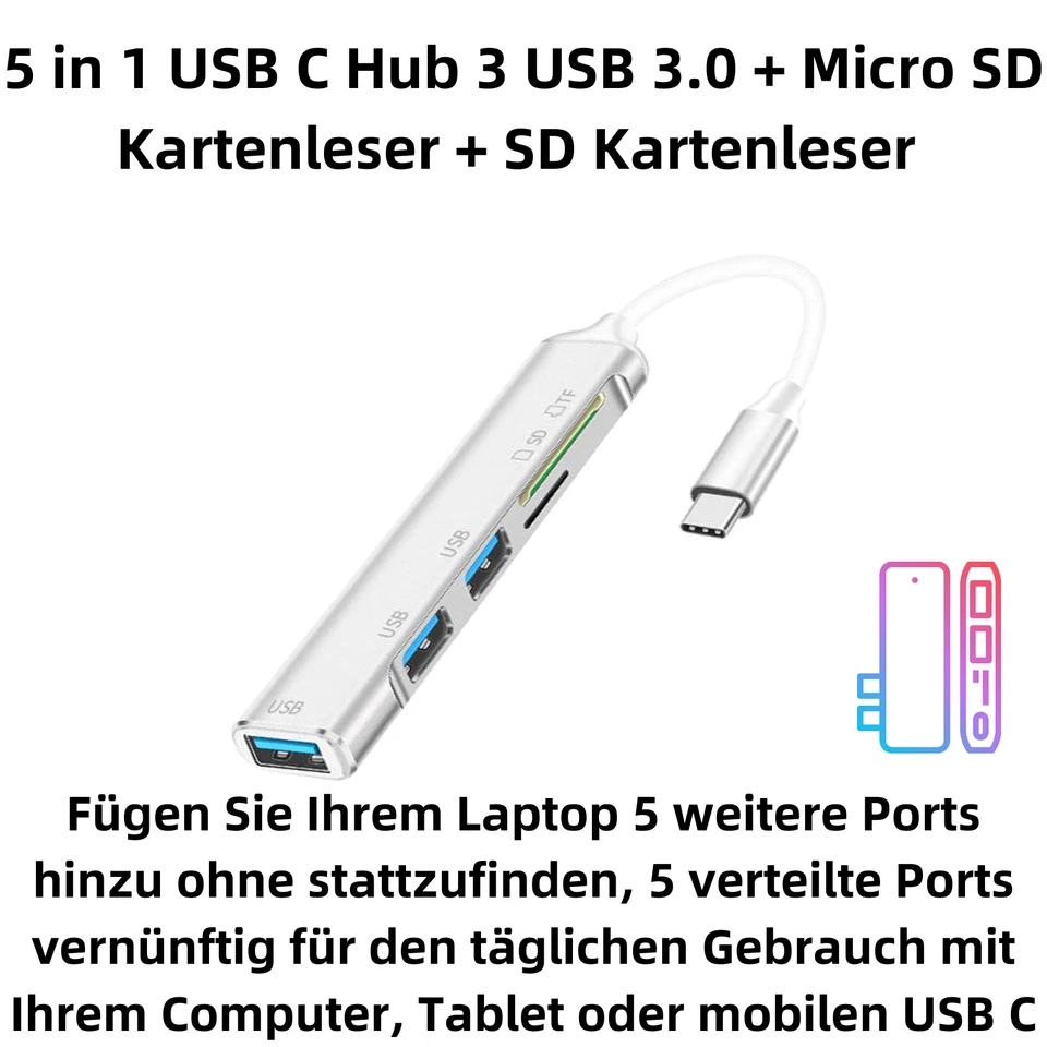 H71 5in1 MultiPort USB Hub 3.0 Typ-C SD TF Kartenleser Laden Daten Sync Adapter - Bild 2 von 4