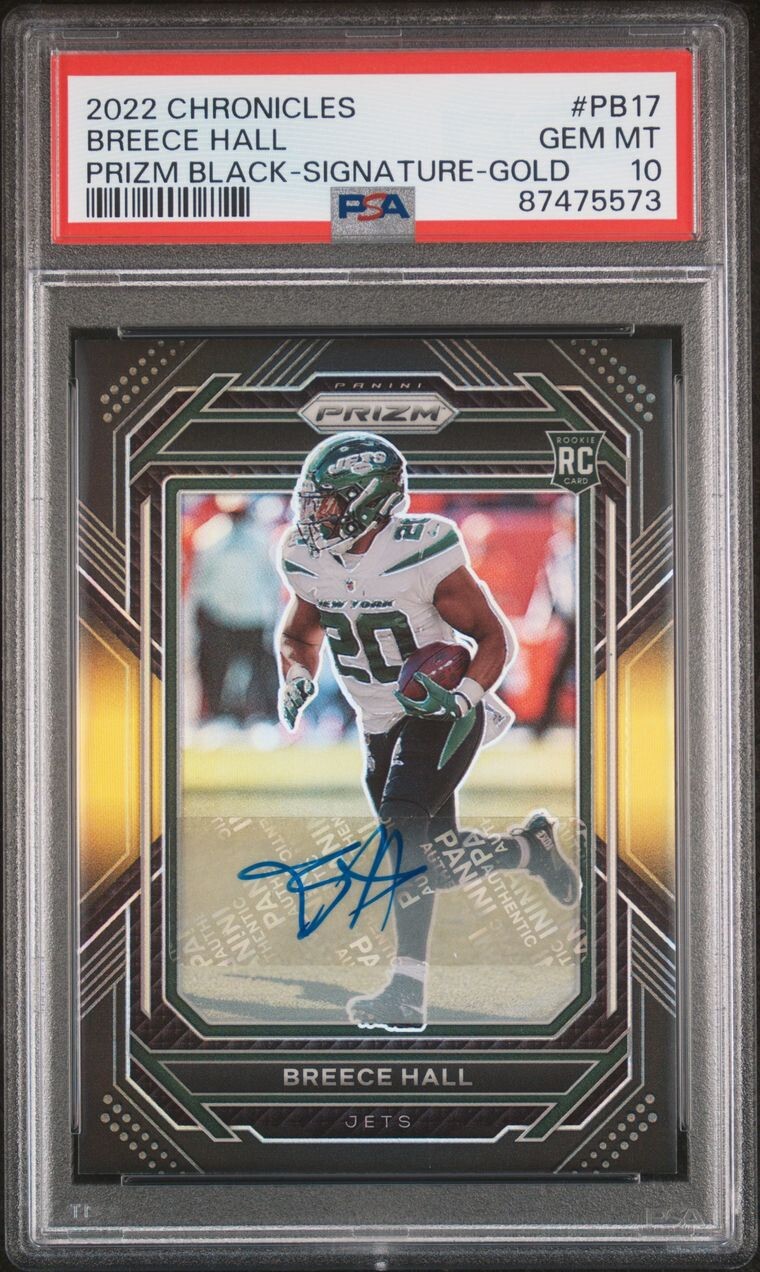 2022 Chronicles Prizm Black Signature GOLD Breece Hall/10  PSA 10