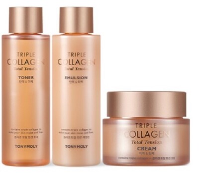 Tonymoly triple collagen tension 3pcs set toner emulsion cream anti aging care