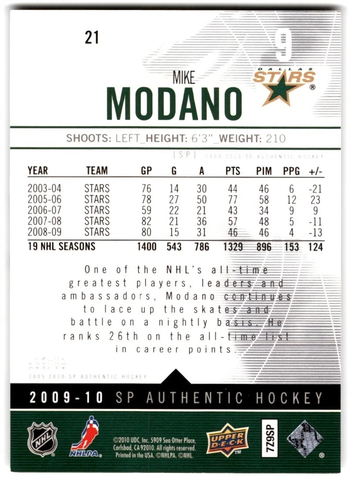 2009-10 SP Authentic Mike Modano #21 Dallas Stars - Image 2 of 2