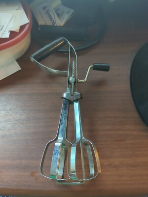 Vintage EKCO Egg Beater Hand Mixer Stainless Steel Black Handles USA EUC