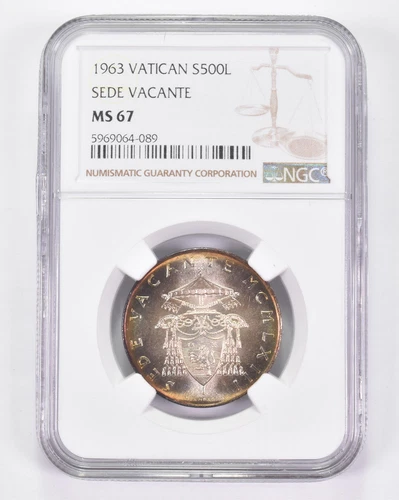 MS67 1963 Vatican 500 Lire Silver - Sede Vacante - Graded NGC Toned! *8946