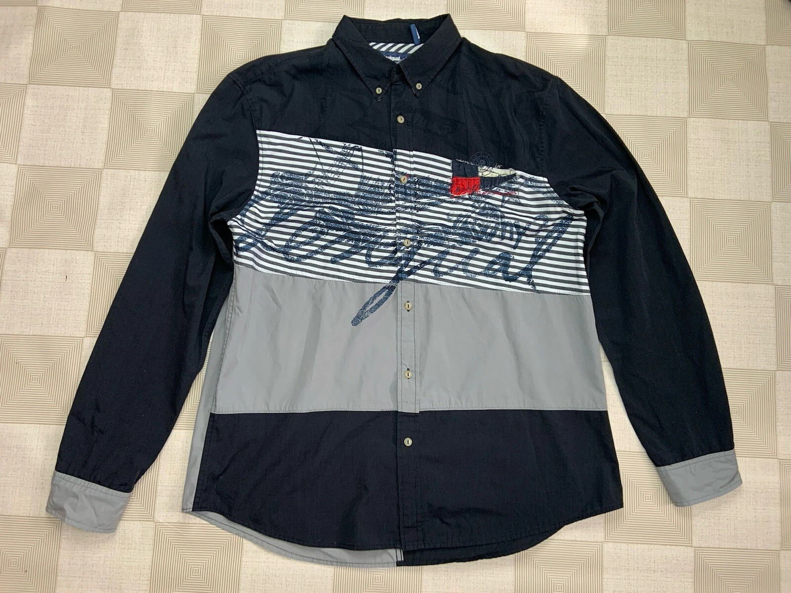Desigual Men Grey Colorblock Button Up Shirt Size 2XL Big Logo