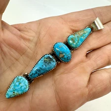 Navajo LONG Multi Turquoise Pendant 3.5" Sterling Matte Sign T3 Sonoran Kingman