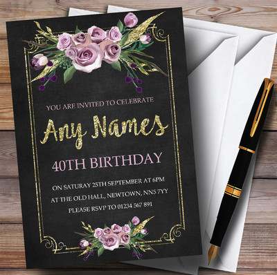 Personalisierte Partyeinladungen zum Geburtstag Kreideoptik Rosa Gold Blumen 40.