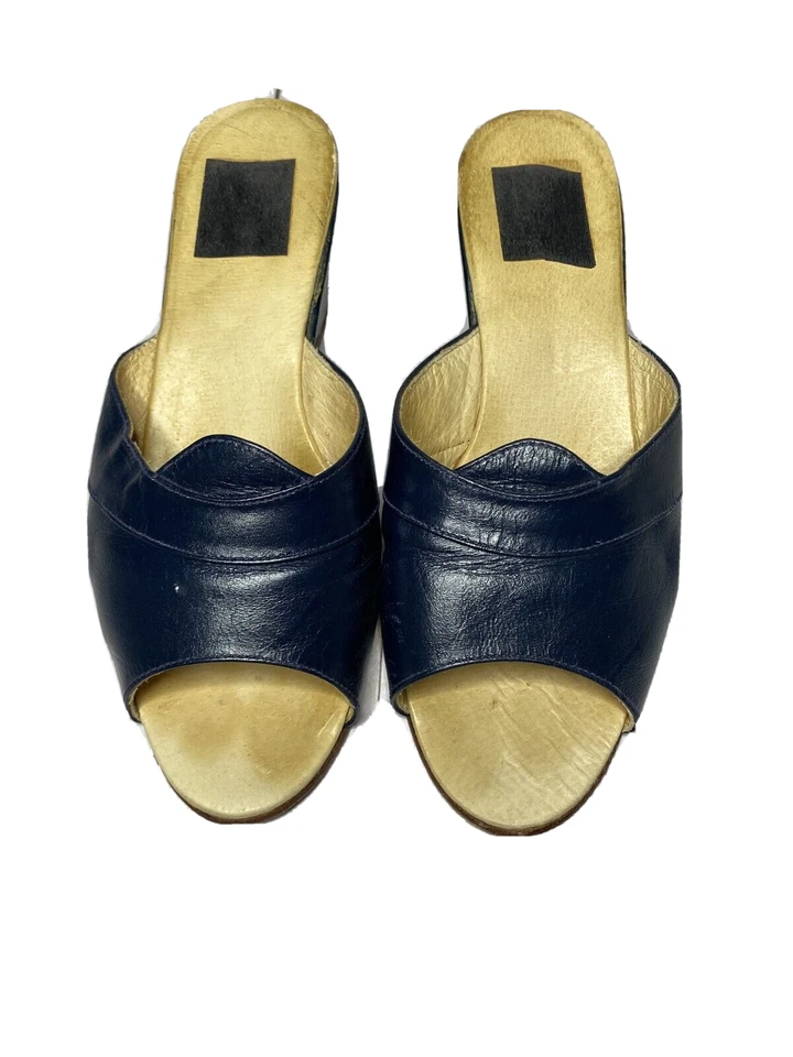 Womens vintage leather sandals shoes wedge heels peep toe 35 5 5.5  Blue slip on - Image 2 of 4
