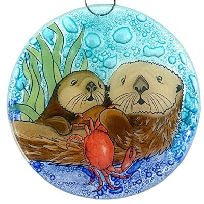 Otter with Crab Christmas Tree Ornament - Art Glass Light Catcher