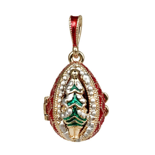 CHRISTMAS TREE Faberge Egg Style Locket Pendant, Red, Enameled - Picture 1 of 6