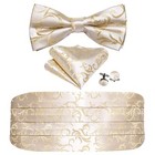 Men Cummerbund Bow Tie Set Floral Chamoagne Gold Silk Pre-Tied Bowtie Handker...
