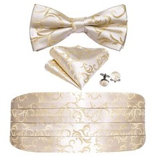 Men Cummerbund Bow Tie Set Floral Chamoagne Gold Silk Pre-Tied Bowtie Handker...