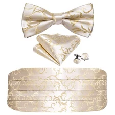 Men Cummerbund Bow Tie Set Floral Chamoagne Gold Silk Pre-Tied Bowtie Handker...