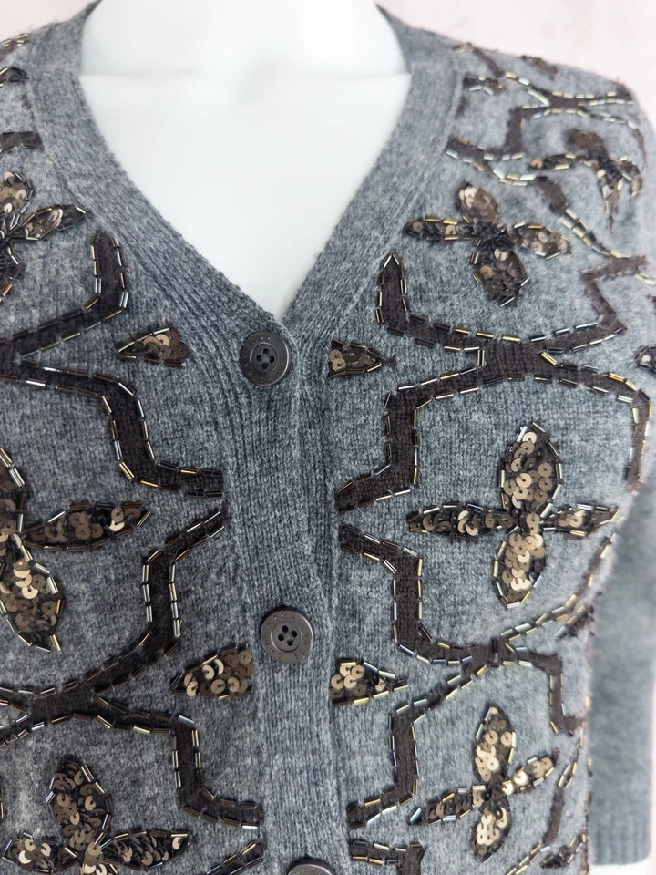 Cárdigan Samantha Sung para mujer gris lana seda floral con cuentas talla US 4 pequeño Foto 4 de 4