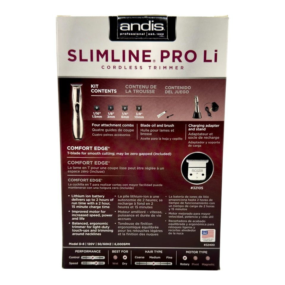 Andis SlimLine Pro Li T‑Blade Silver Trimmer Cordless Grooming Kit (32400) - Image 3 of 4