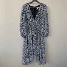 Nordstrom Signature Blue Floral 100% Silk Handkerchief Hem Midi Dress Womens 10