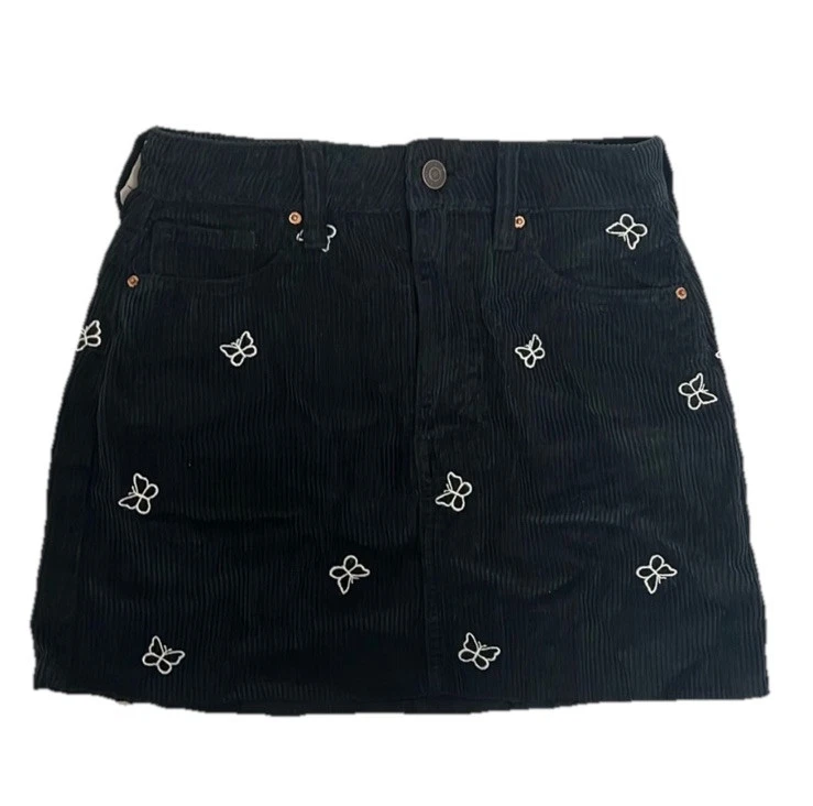 PacSun Black Corduroy High-Waisted Mini Skirt with Embroidered Butterflies