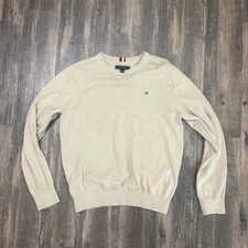 Tommy Hilfiger Sweater Beige Knitted Crewneck Men's Size L Preppy Logo