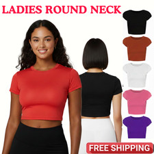 Ladies Round Neck Stretch Plain Blouse Crop Top Womens Short Sleeve T-Shirt Vest