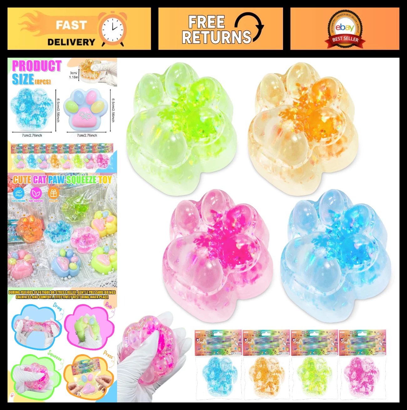 4Pcs Cat Paw Squishies - Soft Silicone Stress Relief Fidget Toys, Cute Party Fav