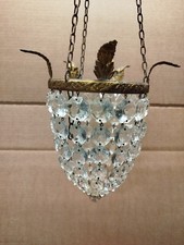 Small Antique Vintage French Brass & Crystal Basket Bag Chandelier